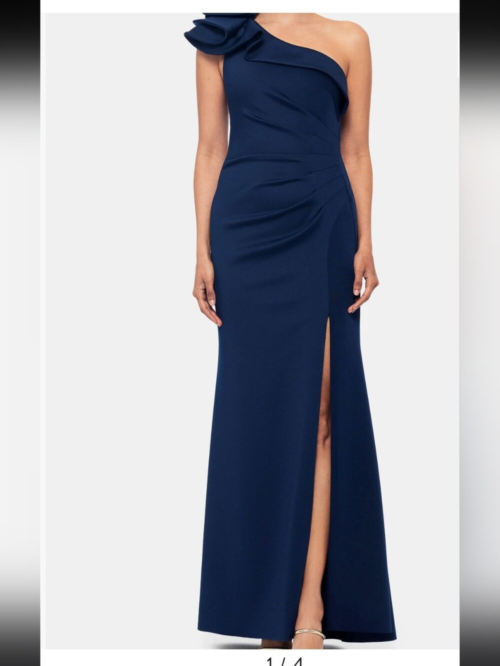 Xscape NWT Size 14 Navy One Shoulder Rosette Ruched Maxi Gown $259